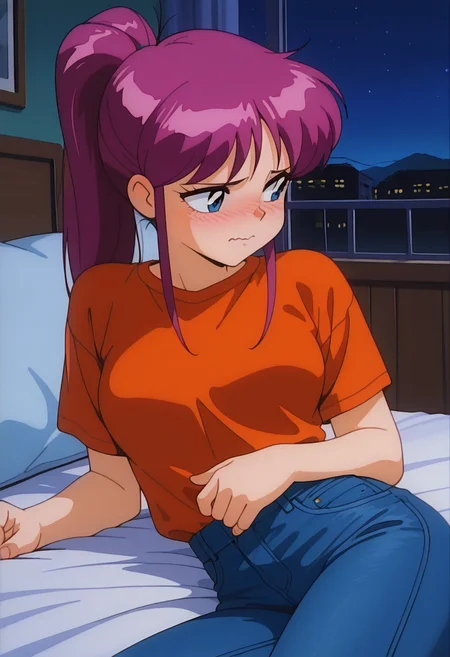 masterpiece, best quality, amazing quality, absurdres, retro artstyle, 1girl, solo, retro artstyle, takamiww, blue eyes, purple hair, long hair, ponytail, sidelocks, medium breasts, t-shirt, jeans, <lora:Oide_Takami_Nageki_no_Kenkou_Yuuryouji_ill_v11:0.9>, lying, on bed, looking to the side, blush, shy, embarrassed, wavy mouth, indoors, bedroom, night, skindentation, detailed clothing folds, depth of field, sharp, high contrast, dynamic light