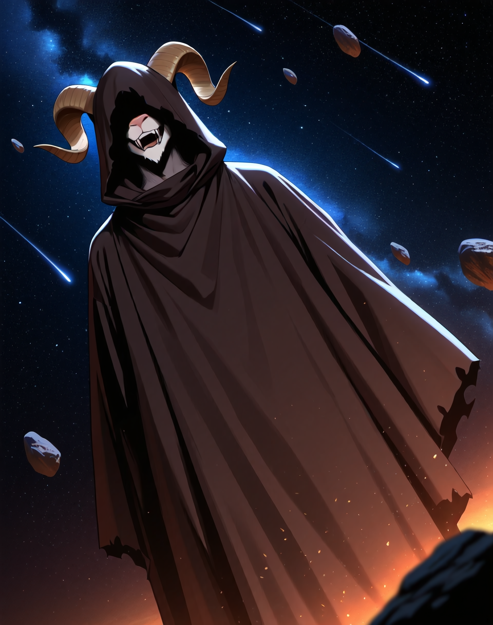 <lora:Moro_Hooded_Form_(Dragonball_Z)_(Illustrious)_(AD):1.35> Moro, hooded cloak, goat, 
((
dutch angle, exterior, outer space, floating rock islands, 
male focus, gradient coloring, solo, cowboy shot, soft shading, old, aged up, dark picture, tattered brown cloak, evil villain, large hood covering entire head and face, goat mouth, horn peak under hood, 
):1.5), 
BREAK very awe, aesthetically pleasing, masterpiece, best quality, amazing quality, very aesthetic, perfect depth of field shot, in'ei, furry_art, source_furry, source_anime,
EZRealPONYXL, zPDXL, Smooth Quality, lazympos, IllustQualXL_Pos,