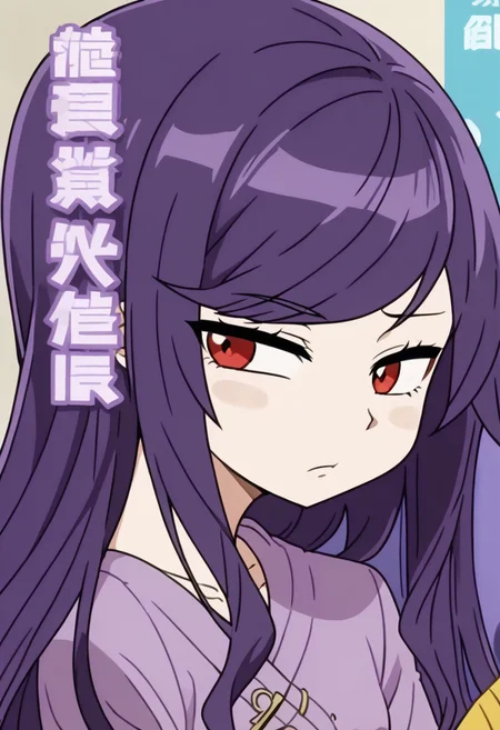1girl, gundou mirei, red eyes, long hair, virtual youtuber, swept bangs, purple hair, parted bangs, <lora:pony_char_gundou_mirei-000030:1> ,,,,,, anime coloring, anime screencap, 1girl,Solo ,, anime,PUFFY nipple,,,official art, Uncensored ,Unedited ,,,, , ,,,flat chest