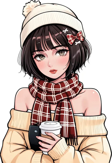Tomie Kawakami, skirt, beanie, bang, short hair, plaid scarf, holding cup, parted lips, looking at viewer, bow, off shoulder, plaid, flower, holding eyewear