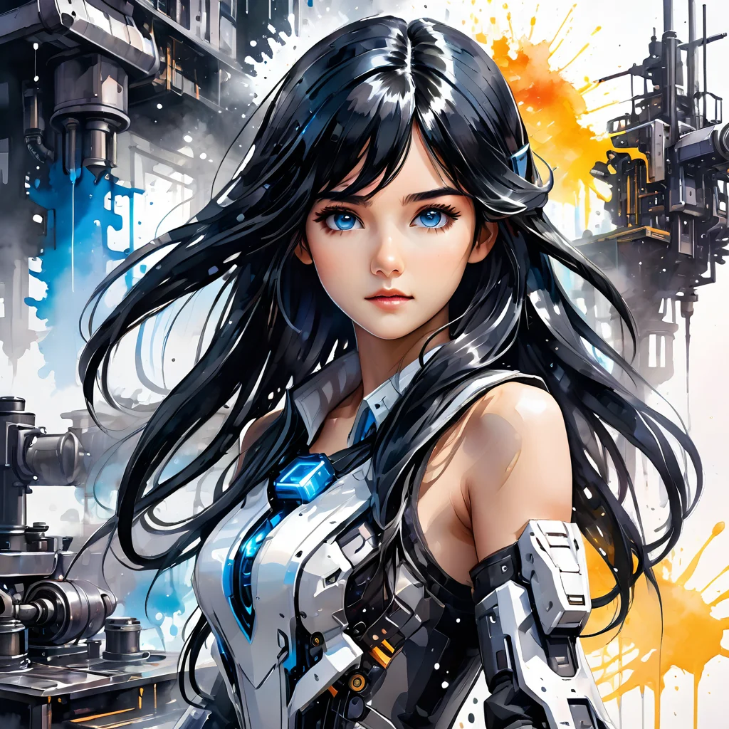 ink splashing,semi realistic, 2d game scene,oil and watercolor painting,
<lora:fantasy_world:1>ï¼
Masterpiece, illustration,8K wallpaper, super detailed,portrait,(full body),(dissection:1.5),(Disassemble:1.3)
(1 girl:1.5),(solo),(long black hair:1.4),(Machine structure body),ponytail, (Medium breasts),(Beautiful detailed blue eyes: 1.3),
(white background: 2), mecha,natural light, light tracing
