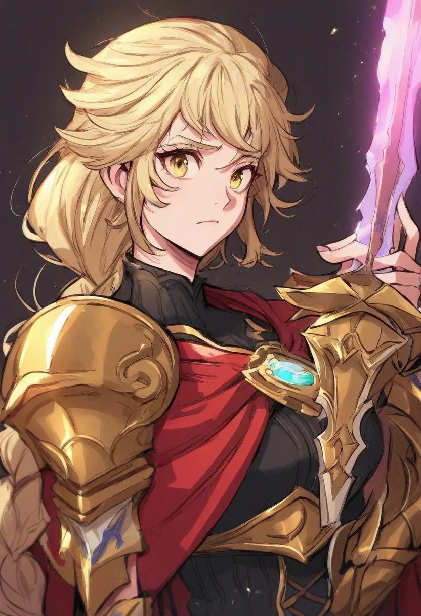 score_9, score_8_up, score_7_up, score_6_up, score_5_up, score_4_up,
paladin lady holding glowing sword, blonde hair, braid, ornate golden armor, ornate pauldrons, black corset, glowing yellow eyes, red cape, upper body, face focus