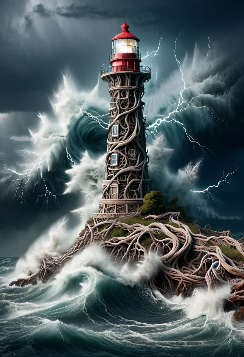 PG-TR,An intricate lighthouse standing tall amidst a raging storm, waves crashing against the shore, lightning illuminating the sky, hyper-realistic, highly detailed