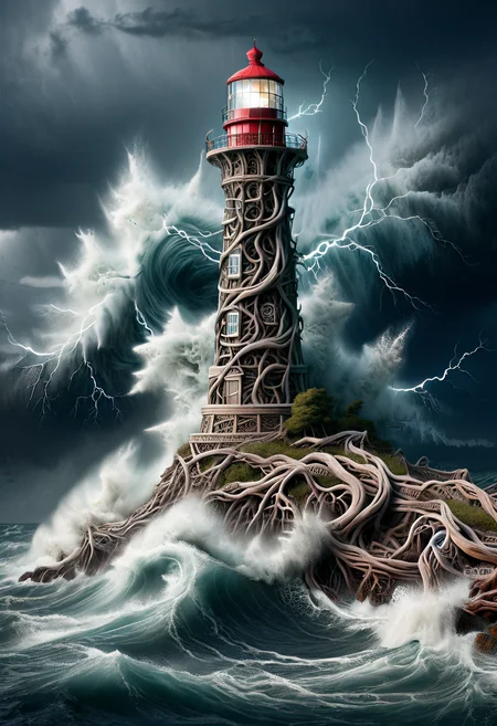 PG-TR,An intricate lighthouse standing tall amidst a raging storm, waves crashing against the shore, lightning illuminating the sky, hyper-realistic, highly detailed 