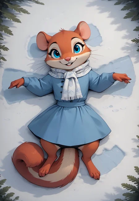 score_9, score_8_up, score_7_up, score_6_up, score_5_up, score_4_up, (((squirrel))), (winter dress:1.5), scarf, cute, (feral:1), (red fur), blue eyes, (outdoors, spread arms, tail between legs, from above, snow angel, lying on back, looking at viewer, happy), (close up:1.5), head focus,