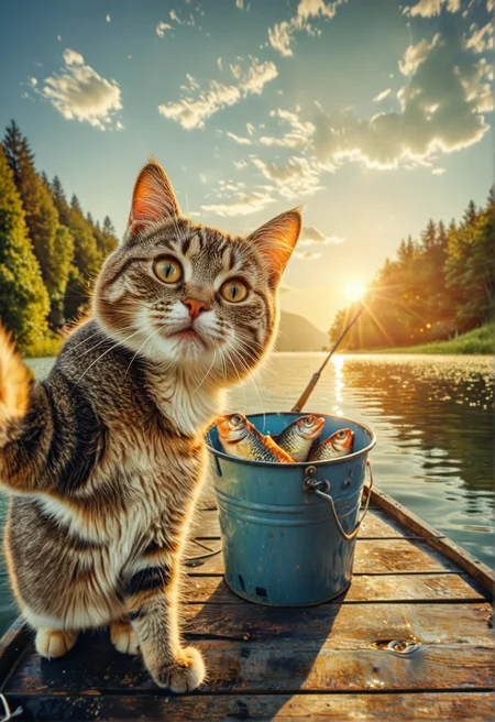 A cat with a smug expression taking a selfie with a fish bucket in the background. standing on boat in the middle of a lake. The lighting should be bright and sunny, and the color scheme should be warm and inviting. cat look playful and happy., <lora:MJ52:0.3>, <lora:MJ52_v2.0:1>, <lora:CinematicStyle_v1:0.7>