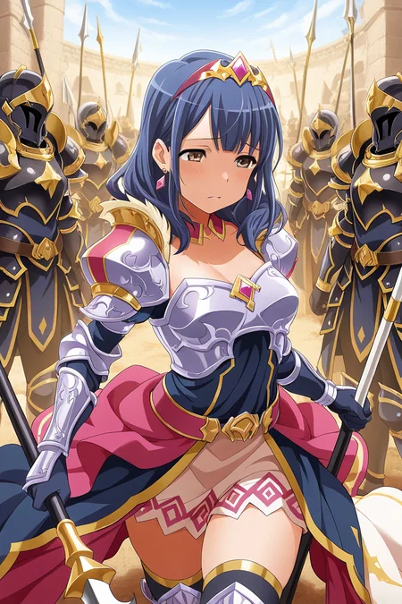 masterpiece, best quality, amazing quality,
<lora:Kaoruko_IL:1> kaoruko, 1girl, blue hair, earrings, jewelry, weapon, thighhighs, polearm, gloves, armor, brown eyes, tiara, solo focus, spear, dress