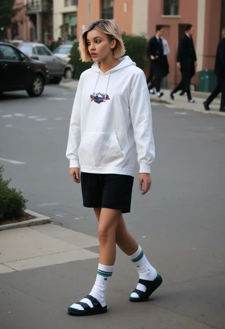 scksnsndls, birksonsocks, gwen_stacy, solo, outdoor, city, standing, socks, full_body, realistic, dunamic_pose, walking