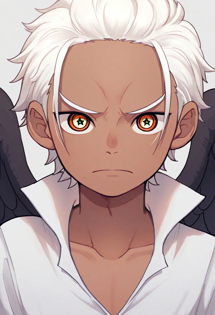 masterpiece, absurdres, high quality, perfect anatomy, 1boy, solo, cute boy, male focus, SHawk, White Hair, Orange Eyes, Star-Shaped Pupils, dark Skin, Black Wings, portrait, closeup, collarbone