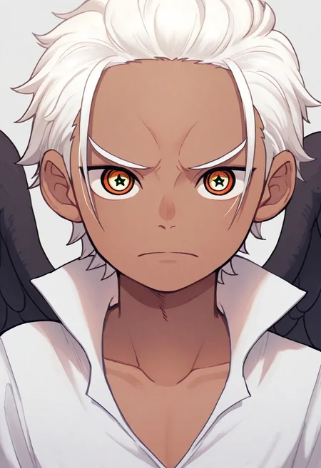 masterpiece, absurdres, high quality, perfect anatomy, 1boy, solo, cute boy, male focus, SHawk, White Hair, Orange Eyes, Star-Shaped Pupils, dark Skin, Black Wings, portrait, closeup, collarbone