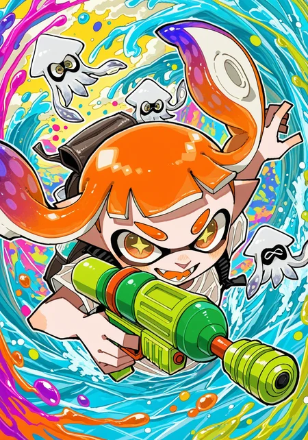 furry, inkling, wet white shirt, water gun, happy, backpack, star pupils, bust portrait, blue and orange highlights, dutch angle, action pose, dancing, foreshortening, fisheye lens, (colorful floating water particles:1.25), white squid, BREAK, masterpiece, best quality, high quality, splatoon, (outline, colorful water:1.25), by Kanmoku-San, [:realistic, photorealism, by Potg \(Piotegu\):0.55], colorful background, detailed foreground, partially submerged, [:yellow sky, cloud, wave:0.25]