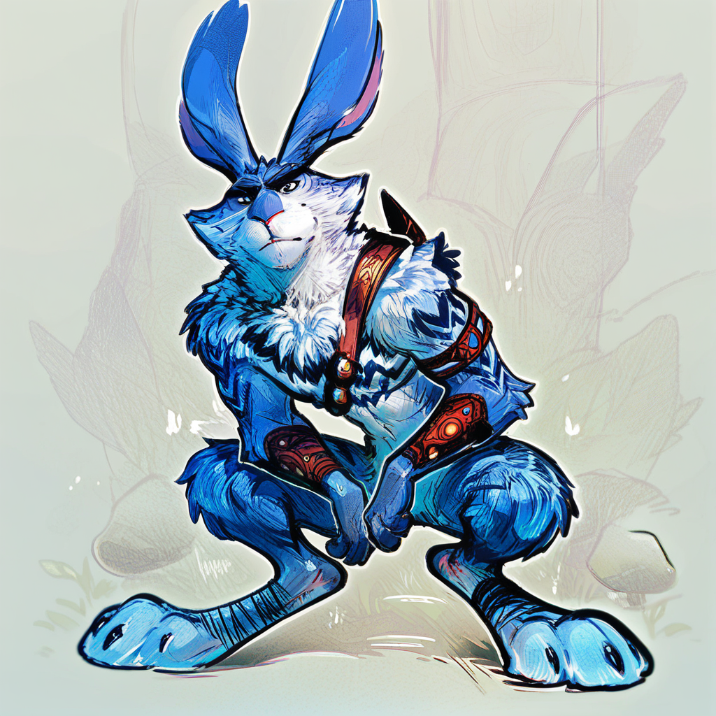 score_7_up, score_8_up, 1boy, full body, arm straps, chest strap, bunnymund, anthro rabbit, fur markings, looking at viewer, sketch