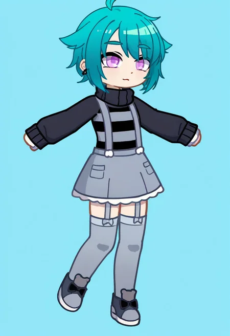 score_9, score_8_up, score_7_up, score_6_up, ShinGGy, ShinGGyGacha, girl, purple eyes, blue hair, turquoise hair, striped gray sweater, black sleeves, long sleeves, gray skirt, suspenders, gray stockings with garters, grey shoes, hair_flaps, short hair