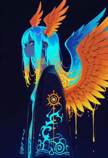 1girl ,solo ,(ghostly hair), long hair, (glowing liquid hair:1.2), elaborate tattoos, intricate tattoos, open robe , glowing wings , big wings , orange feather , glowing feather , head wings , from side , flaming wings ,
masterpiece, best quality ,amazing quality ,S4bit4mago_illu , xxx667_illu ,Protoneon ,