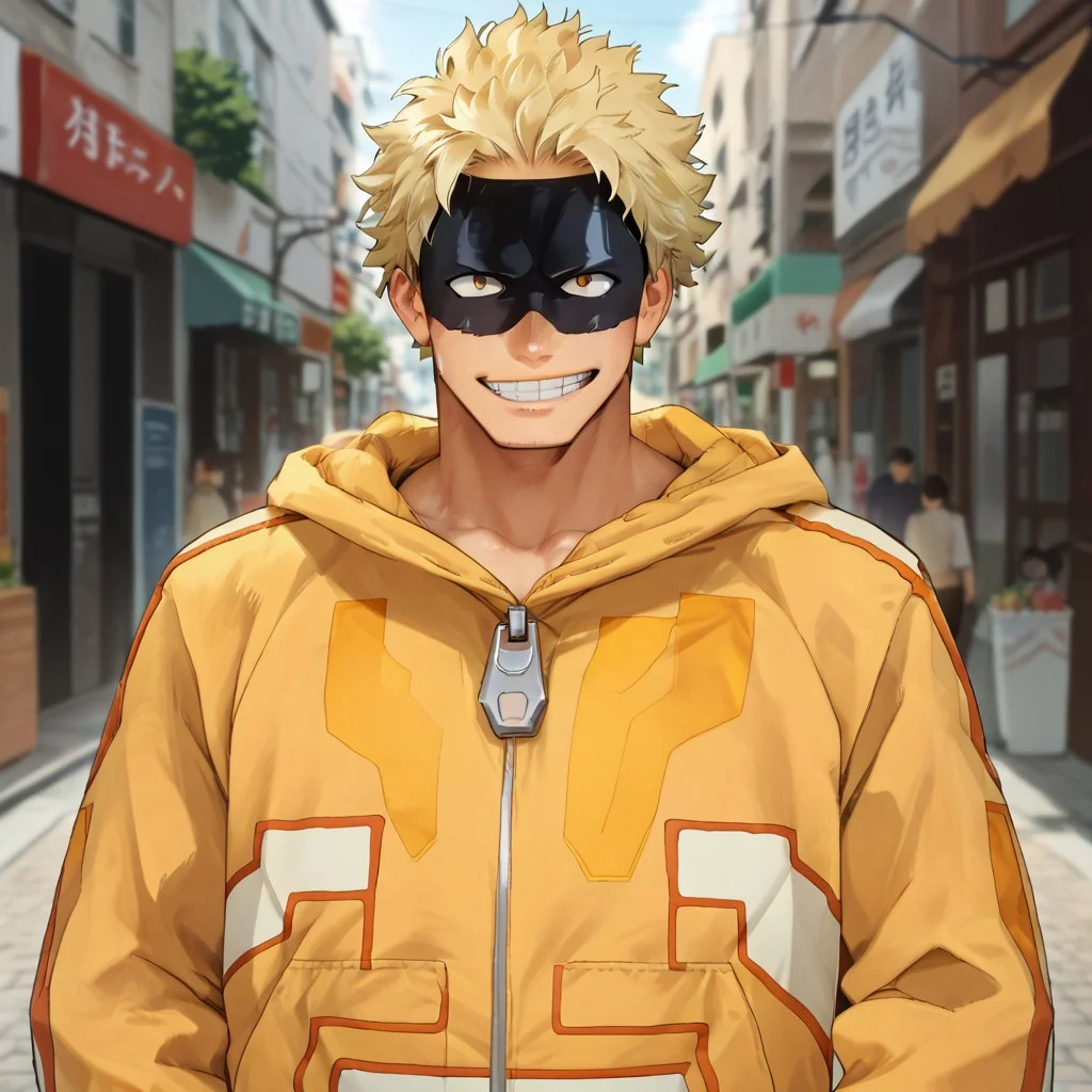 Taishiro_Toyomitsu, male, blond hair, mask, yellow jacket, score_9, score_8_up, score_7_up, source_anime, street, upper body, front view, smile,