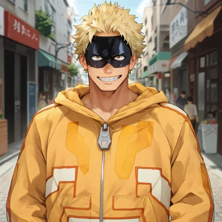 Taishiro_Toyomitsu, male, blond hair, mask, yellow jacket, score_9, score_8_up, score_7_up, source_anime, street, upper body, front view, smile,