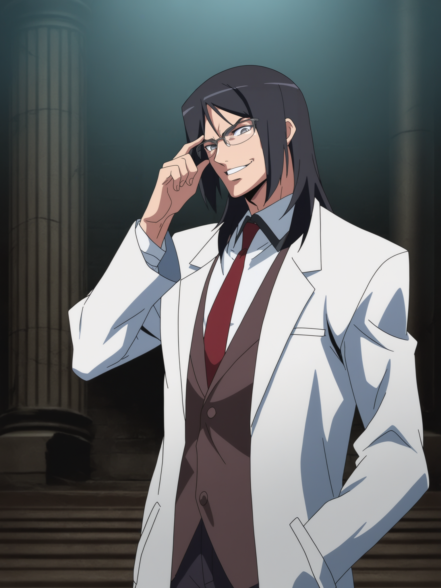 masterpiece, best quality, highres, absurdres, very awa, shiny skin, bloom, makai kishi,
1boy, Kiryu, black hair, lab coat, medium hair, collared shirt, glasses, cowboy shot, grey eyes, mature male, necktie, hand on eyewear, smirk, looking at viewer, grin, long hair,
indoors, temple, ruins,
<lora:Makai Kishi NoobAI VPRED dec0.05 tagdrop01:1>