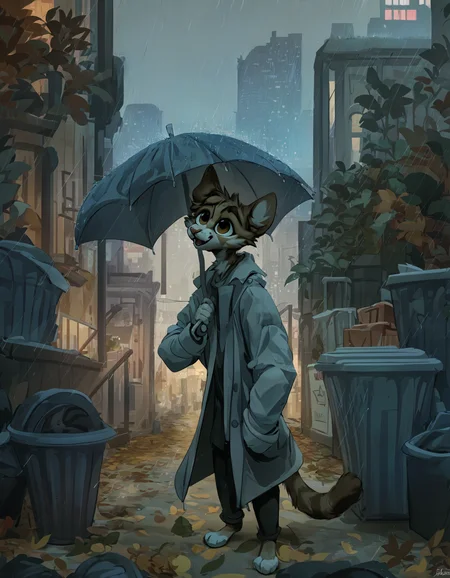 source_furry,

Brown tabby & white fur, cat, wearing a grey rain coat, city background, side walk, trash can, leaves on floor, raining, holding umbrella, looking slightly up, slightly opened mouth,

<lora:Jacato_Style_Pony:1>, score_9, score_8_up, score_7_up, score_6_up, score_5_up,