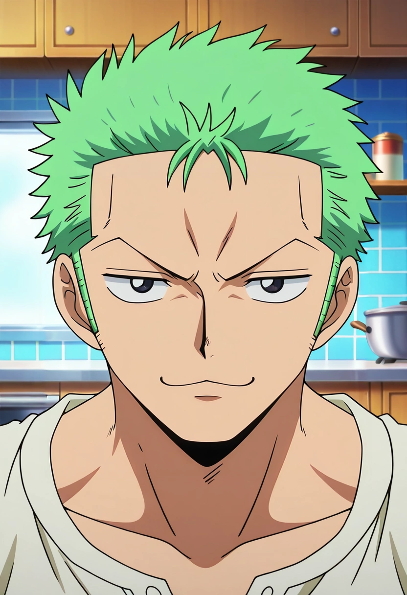 masterpiece, best quality, intricate details, anime screencap, anime coloring, , , 1boy, solo, male focus, <lora:zoro_roronoa_ilxl:0.92>, zoro_roronoa, green hair, black eyes, short hair, , , , , straight-on, kitchen, indoors, (dynamic pose), :\3,