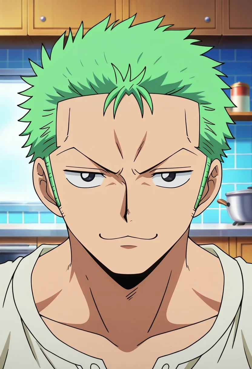 masterpiece, best quality, intricate details, anime screencap, anime coloring, , , 1boy, solo, male focus, <lora:zoro_roronoa_ilxl:0.92>, zoro_roronoa, green hair, black eyes, short hair, , , , , straight-on, kitchen, indoors, (dynamic pose), :\3,