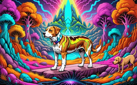 Dog style, <lora:Projext_X2:0.9>acid-art, trippy, color line art,<lora:ZIP_SDXL:.5>,Dog, best quality, landscape of a [Tourian|Tallon Overworld], Bathed in shadows, Sad, Neon Light, delicate, neon-lit, original, luxurious, epic atmosphere, set logical ambient background, detailed, deep aesthetic