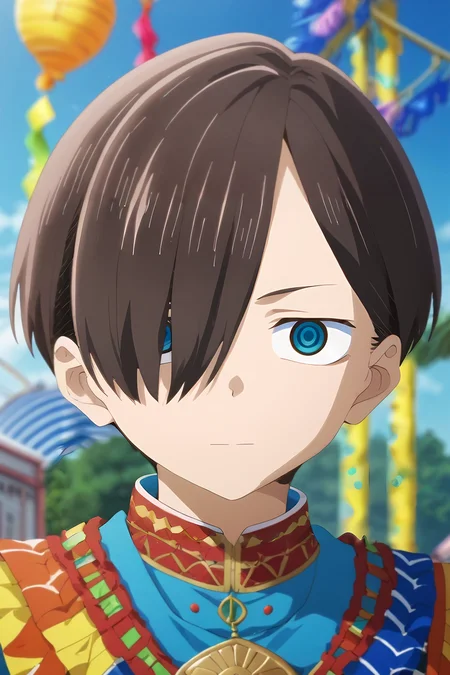 score_9, score_8_up, score_7_up, source_anime, rating_safe, intricate details, (3d:0.4), , upper body, , 1boy, solo, male focus, <lora:kyoutarou_ichikawa_pony:1>, kyoutarou_ichikawa, brown hair, blue eyes, short hair, hair over one eye, bangs, carnival costume, , , <lora:sdxl_lightning_8step_lora:1>