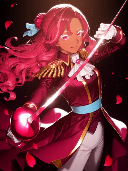 yoshino ns, lazypos, <lora:CRORasbXL:1> CRO_Rasb, 1girl, streaked hair, epaulettes, white pants, red coat, rapier, white gloves, hair bun, white ascot, long hair, dark skin, holding sword, hair ornament, sash, gold trim, simple background, depth of field, cowboy shot, light particles, rose petals, falling petals, <lora:cfg_scale_boost:0.5> looking at viewer, glowing, twirl, white eyelashes, smile,