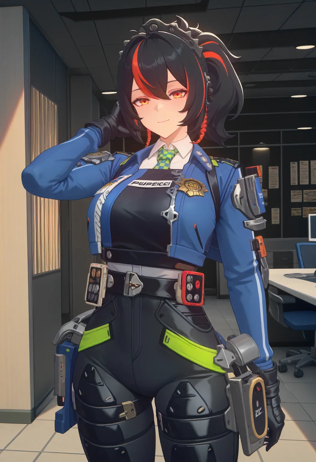 masterpiece, best quality, amazing quality, very aesthetic, absurdres, newest, scenery, volumetric lighting, perfect eyes, ultra detailed,
1girl, Zhu Yuan, solo, multicolored hair, black hair, red hair highlights, hair ornament, orange eyes, earphone,
police uniform, checkered tie, black gloves, black pants,
looking at viewer, hand behind head, standing, calm face, relaxed face,
office, police office background, detailed background,
<lora:Zhu_Yuan_-_Zenless_Zone_Zero_ZZZ__Illustrious:0.8>
masterpiece, best quality, amazing quality, very aesthetic, absurdres, newest, scenery, volumetric lighting, perfect eyes, ultra detailed,