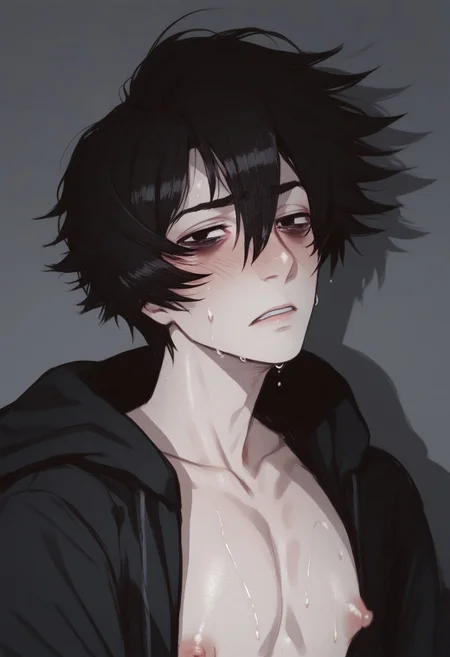 score_9, score_8_up, score_7_up, photography,highly detailed, 8k, depth of field, high-resolution, detailed texture, extremely detailed Male focus, 1boy, solo, doomerboy, black hair, black eyes, short hair, hair between eyes, bags under eyes, blush, handsome, masculine, Expressiveh, puffy nipples, sweat, wet, lustful, desperate, skinny, twink, black hoodie, exposed chest, Portrait