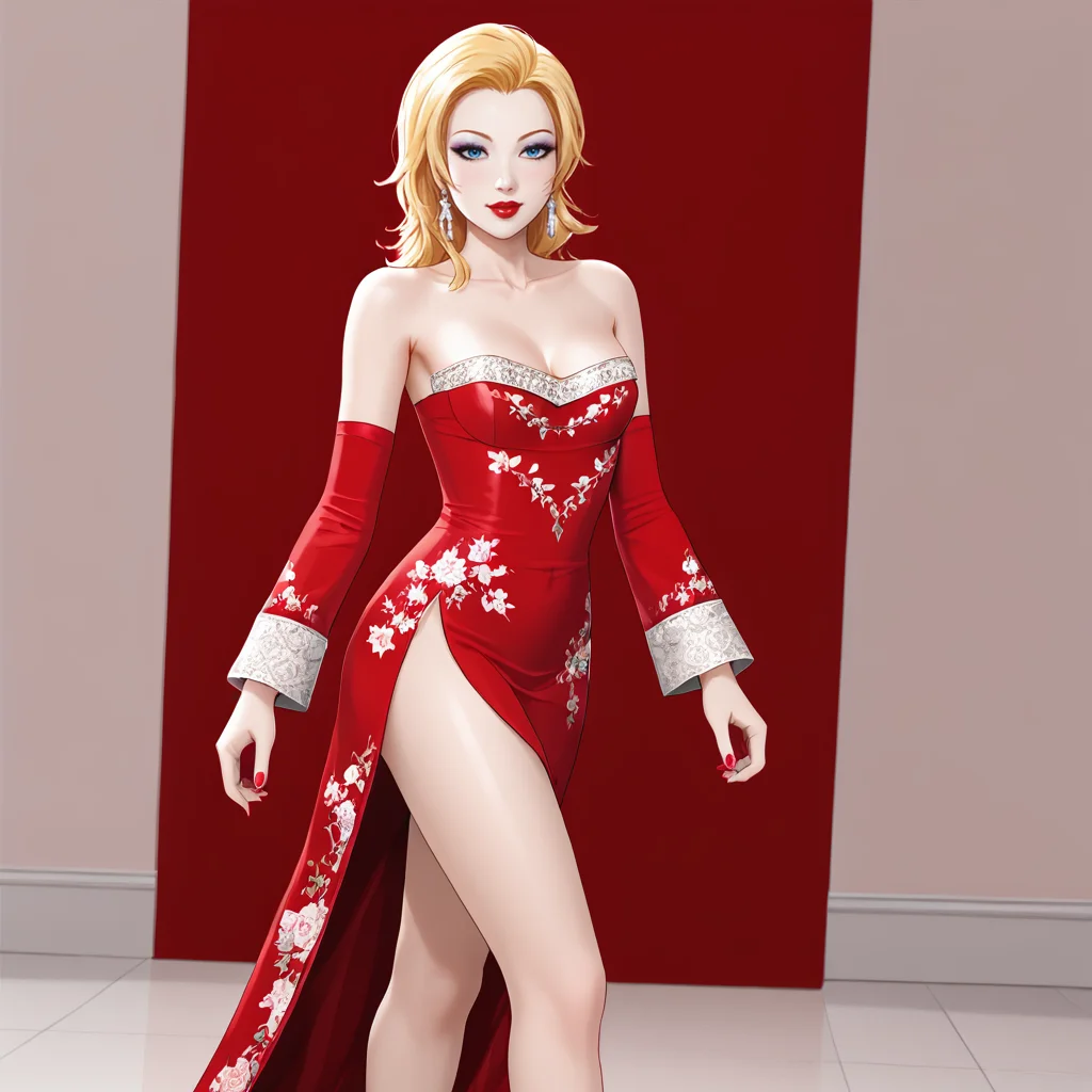 <lora:mariandoubledragonneon_pony_v1:.75> MarianDoubleDragonNeon, 1girl, solo, blonde hair, blue eyes, makeup,  lipstick, medium breasts, nail polish, long legs, lips,  red nails, eyeshadow, cowboy shot, <lora:1007 Chinese wedding dress_v1_pony:1> ruanyi1007,bare shoulders,detached sleeves,red dress,floral print,strapless dress,