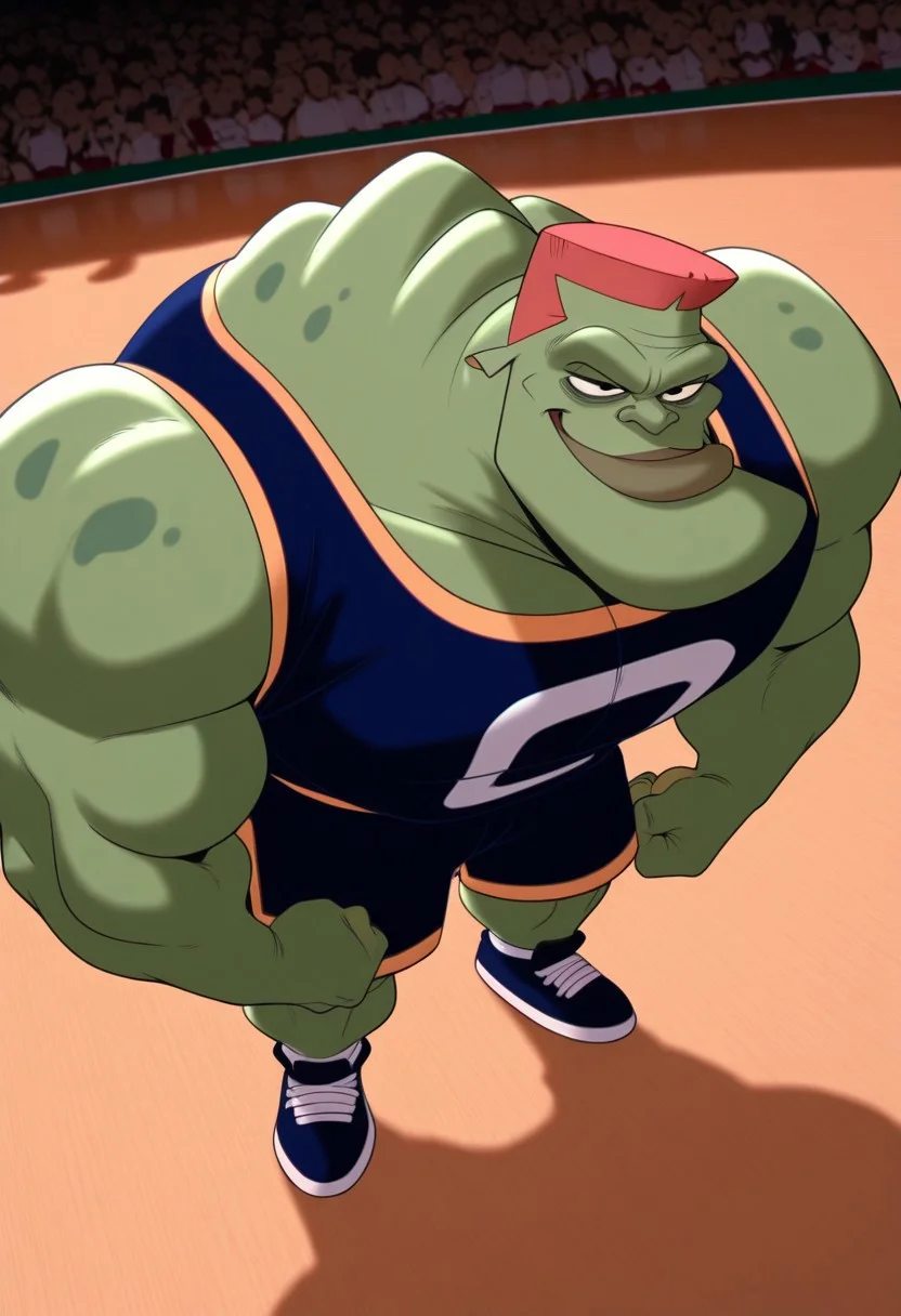 bang_(space jam), solo, smug, green skin, black eyes, muscular, dynamic angle, from above, tank top, shorts, sneakers, BREAK masterpiece, best quality, amazing quality, very aesthetic, high resolution, 4K, ultra-detailed, depth of field, separate focus, newest, detailed background, beautiful, cinematic lighting