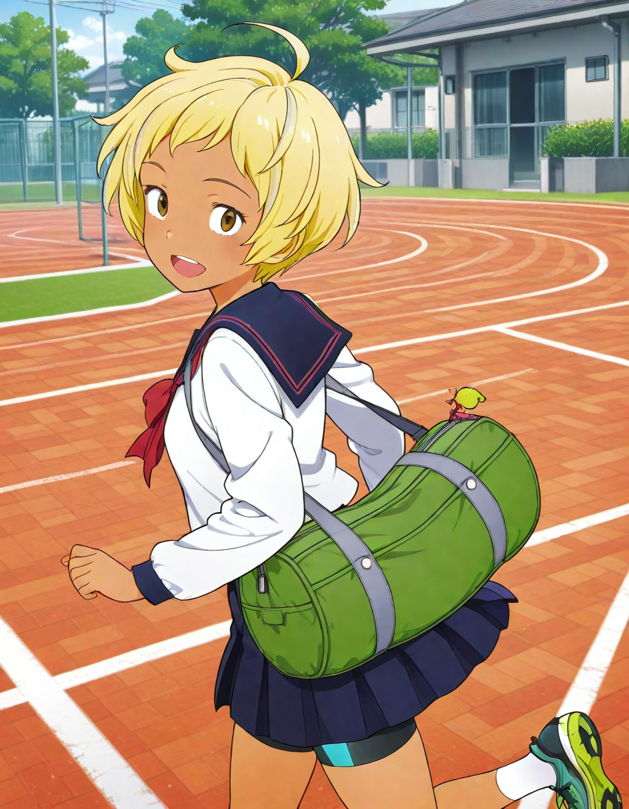 masterpiece,best quality,absurdres,official art,official style,source_anime,anime screencap,anime coloring,<lora:Hyper-SDXL-8steps-lora:1>,
<lora:uzumasa_IL:1>,matsugasaki, 1girl,solo, brown eyes, blonde hair,multicolored hair, streaked hair, ahoge, dark-skinned female, school uniform, serafuku,long sleeves,pleated skirt, bike shorts, short hair, sneakers,white socks, smile, (green duffel bag), looking at viewer, 
cowboy shot,running, open mouth,from side,school yard,