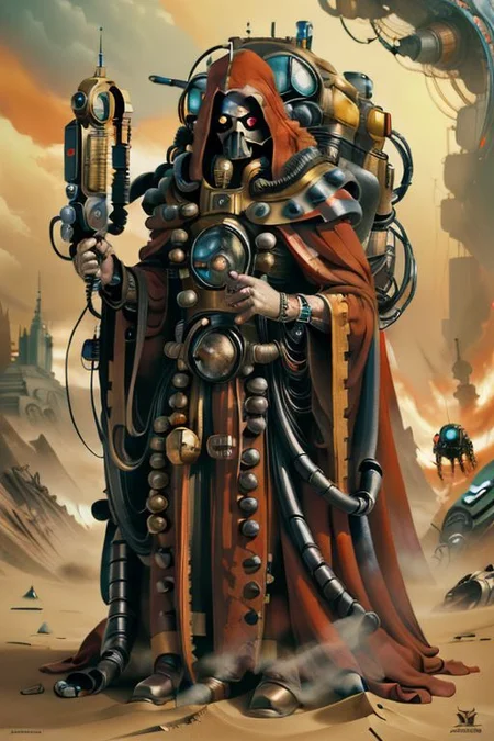 ((masterpiece,best quality)), absurdres, mechanical arms, robes, hood, ((techpriest)), cyborg, mechanical face, mechanical limbs, gas mask, mechanical tentacles, (mechanical backpack), red cloak, 1other, solo, from dune movie