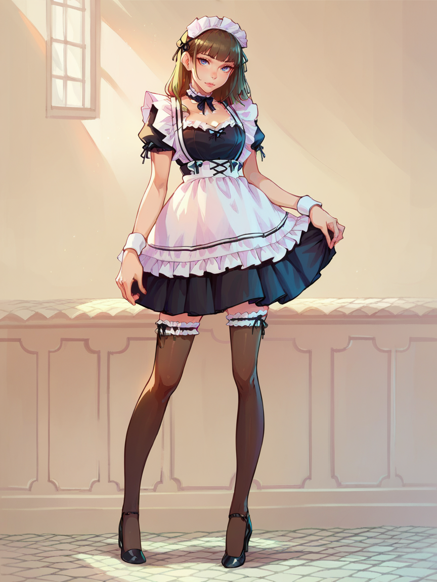 score_9, score_8_up, score_7_up, score_6_up, score_5_up,  <lora:maidXLP:0.7> maid apron, maid, maid headdress, thighhighs, wrist cuffs, 1girl, high heels,  <lora:1ly4XLP:1> 1ly4