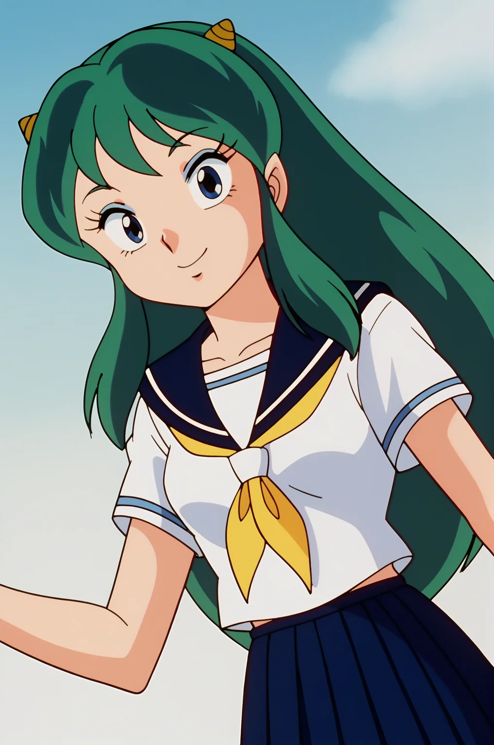 score_9, score_8_up, score_7_up, source anime, anime, animification, anime screencap, anime coloring, vivid colors, shiny skin, skindentation, deep skin, depth of field, high quality, highres, (dynamic angle,dynamic pose),
lumpierrot, 1girl, solo, long hair, smile, blue eyes, skirt, shirt, school uniform, white shirt, short sleeves, pleated skirt, green hair, horns, sky, serafuku, day, cloud, sailor collar, simple background, white background, blue skirt, neckerchief, makeup, eyeshadow, retro artstyle, yellow neckerchief, 1980s (style), lum
BREAK
masterpiece,high quality
<lora:Lum_Pierrot_StylePony:0.9>