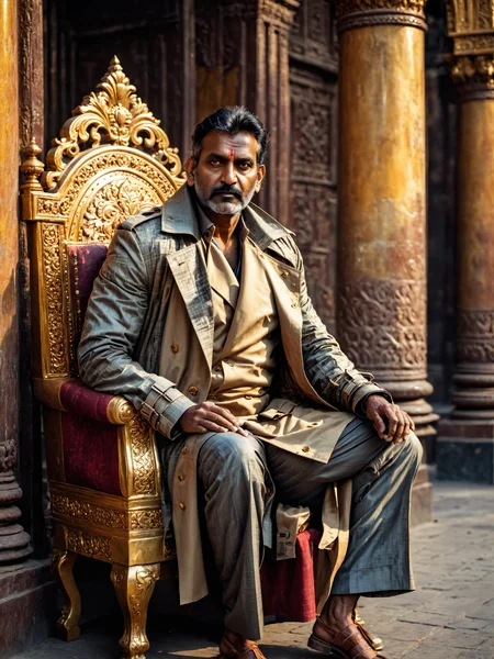 full body shot photo <lora:stylesqueeze_v2_xl:1> of a handsome well built buff middle aged indian man, homeless man, wearing a patchwork [brown|red|green|blue|yellow] trench coat, grimy skin, sitting on an opulent golden throne, hdr, well lit, evenly lit, detailed face, outdoor modeling photography