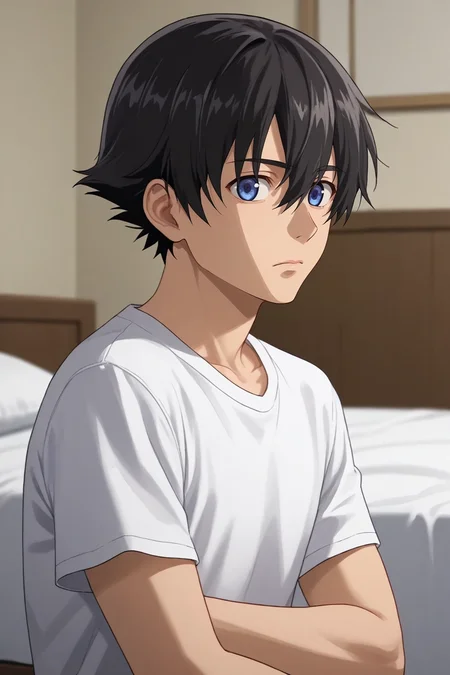 score_9, score_8_up, score_7_up, source_anime, rating_safe, intricate details, (realistic:0.6), looking at viewer, depth of field, 1boy, solo, male focus, <lora:yukiteru_amano_pony:0.78>, yukiteru_amano, black hair, blue eyes, short hair, hair between eyes, from side, bedroom, (plush), day, arms under breasts, sad, psycho costume, <lora:sdxl_lightning_8step_lora:1>
