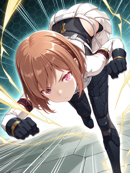 masterpiece,best quality,newest,
1girl,solo,
<lora:shiina_ilxl_v2.7:1>,shiina,short hair,brown hair,purple eyes,
futumushi,gloves,armor,white skirt,hip vent,black footwear,
<lora:Fixhands_anime_bdsqlsz_V1:1>,dynamic_angle,cinematic_angle,glowing eyes,fighting_stance,fighting,(motion_blur:1.3),(motion line:1.2),(speed_lines:1.1),fighting_stance,aura effect,leaning_forward,running,pov,looking_at_viewer,front view,bent over,looking ahead,glow eyes,expressionless,v-shaped eyebrows,yellow lightning,magic,fist,clenched fist,honeycomb_background,white_background,simple_background,