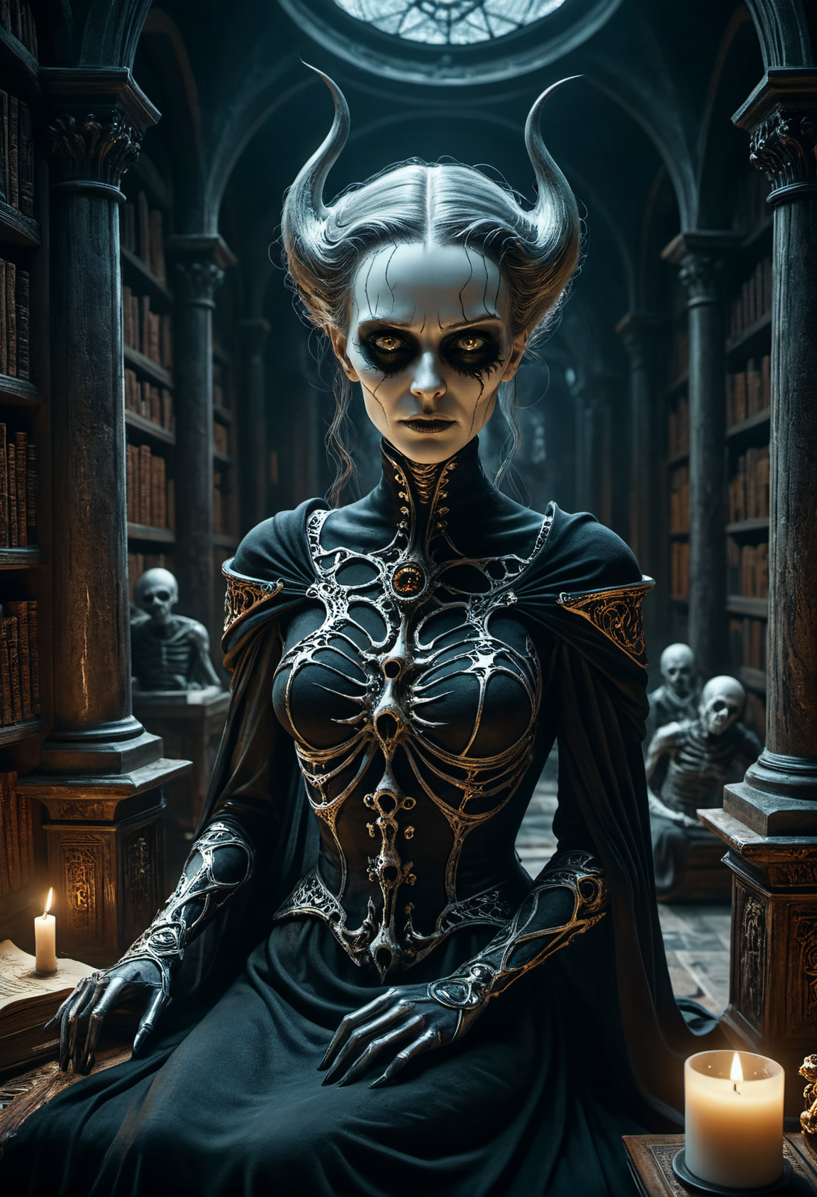 cinematic film still Surreal horror style by grim Sophia Rapata and h.r. giger,surreal abstract art,a female ghoul haunting a ancient library of an evil magician,ghostly garments,bandages,undead woman,depth of field,unsettling,asymmetric abnormalities,surreal masterpiece,insanely detailed,insane imagination illustrated,sharp focus,creepy,never before seen art of an evil mastermind,demented dream,ziprealism, Ultra-HD-details, glow effects, godrays, Hand drawn, render, 8k, octane render, cinema 4d, blender, dark, atmospheric 8k ultra detailed, cinematic, Sharp focus, big depth of field, Masterpiece, 3d octane render, 8k, concept art, trending on artstation, hyperrealistic, extremely detailed CG unity 8k wallpaper, trending on CGSociety, Intricate, High Detail, dramatic . shallow depth of field, vignette, highly detailed, high budget, bokeh, cinemascope, moody, epic, gorgeous, film grain, grainy