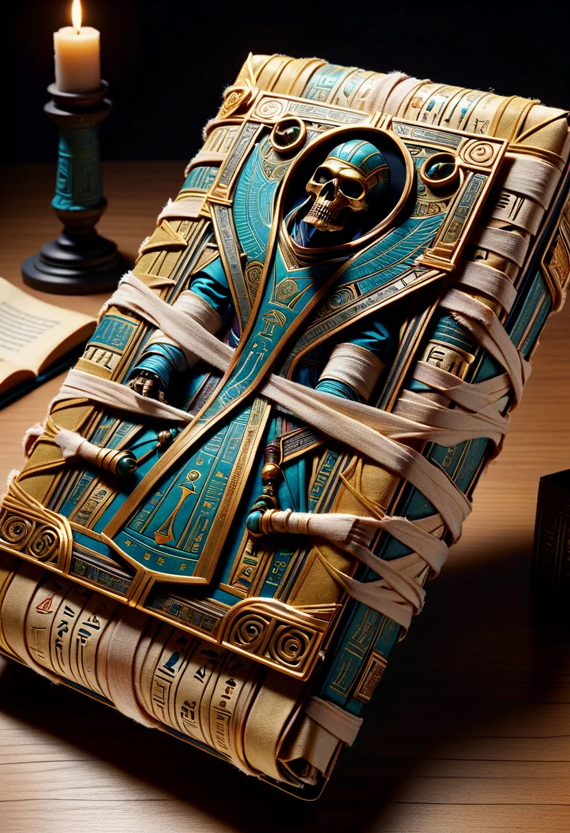 hyper detailed masterpiece, dynamic, awesome quality, mystic manuscripts, sewn binding, debossing, zamonium (a fictional element), dust jacket protectors, wrapped in bandages <lora:DonMM00m13sXL:1>