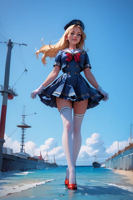 1woman, sexy, petite, skinny legs, long hair, blonde hair, <lora:Sailor:1> Jed-Salr, Navy Blue Mini Dress, White Trim, White Sailor Collar, Nautical Stripes, White Thigh-High Stockings, Red Heels, Sailor Hat, White Gloves, Sailor Cuffs, White Petticoat, walking on a coastline, viewer looking from below, upskirt,, score_9, score_8_up, score_7_up, score_6_up, score_5_up, score_4_up, <lora:K040790P:0.4> 040790P, woman, 24 years old, <lora:Breast Slider - Pony_alpha1.0_rank4_noxattn_last:1>, (tiny waist, flat stomach, narrow hips), <lora:Aesthetics_Enhancer_pony:0.8> EnhanceImage