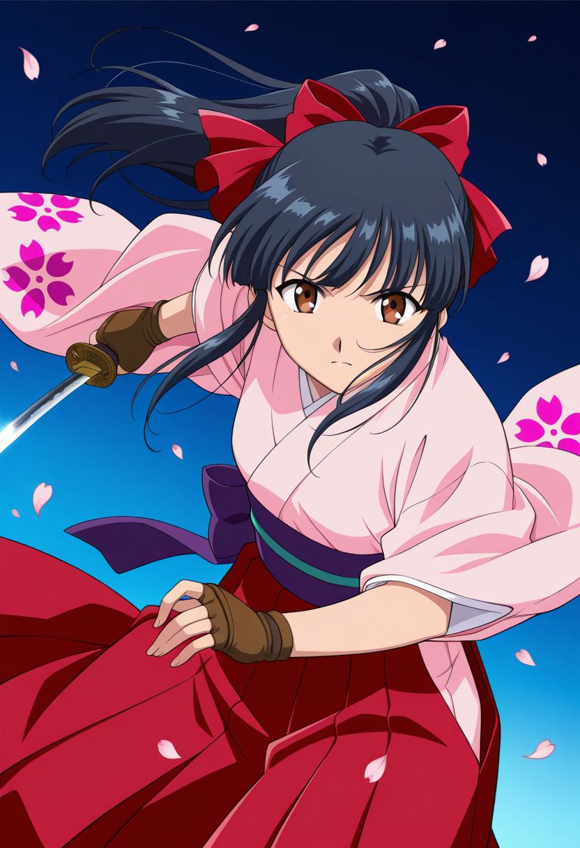 detailed eyes, beautiful, detailed background, perfect eyes,
source_anime, very aesthetic, anime coloring, masterpiece, official art,
<lora:HandFineTuning_XL:1>
BREAK,
dark blue background, sakura petals, action effects,
cowboy shot, dynamic angle,
serious, dynamic pose, unsheathing katana,
BREAK,
<lora:shinguji_illustrious_v01:0.9>
sakuraBase, black hair, hair ribbon, red ribbon, brown hair, ponytail, red bow, sidelocks, bangs,  
meiji schoolgirl uniform, japanese clothes, red hakama,  floral print sleeves, floral print kimono,  purple sash, fingerless gloves, green obijime,