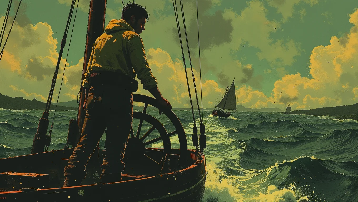 A solitary sailor, weathered by the sea, standing at the helm of a small boat. The ocean around him is vast and turbulent, but his hands are steady on the wheel. His face is stern and determined, eyes scanning the horizon for land
<lora:Luminous_Shadowscape:0.8>