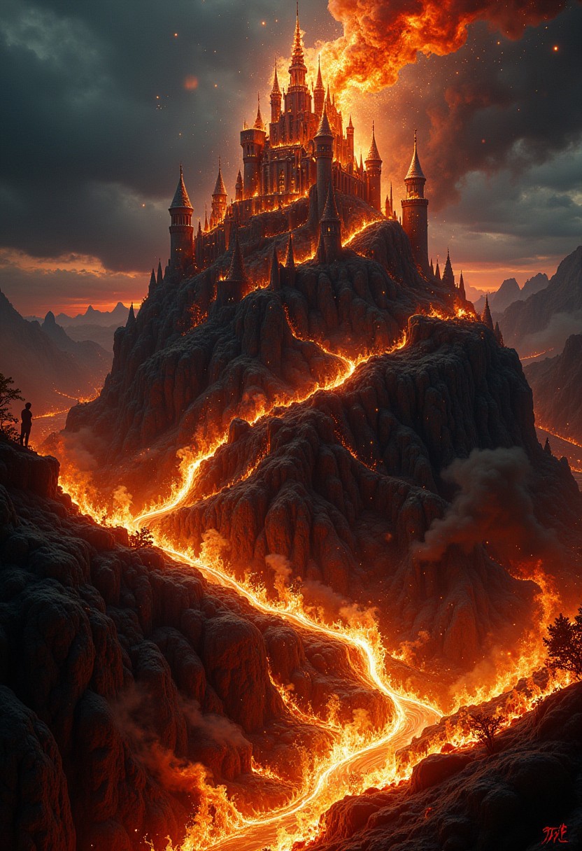 masterpiece, surreal nightmare depiction of a castle made of fire.  highest definition, HD32K, wallpaper, hyperdetailed, concept art