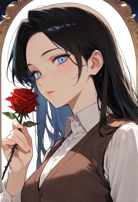 1girl, solo, narrow mouth, full lower lip, dark hair, long hair, looking at viewer, holding rose, blue eyes, white collared shirt, brown vest, upper body, masterpiece, best quality, very aesthetic