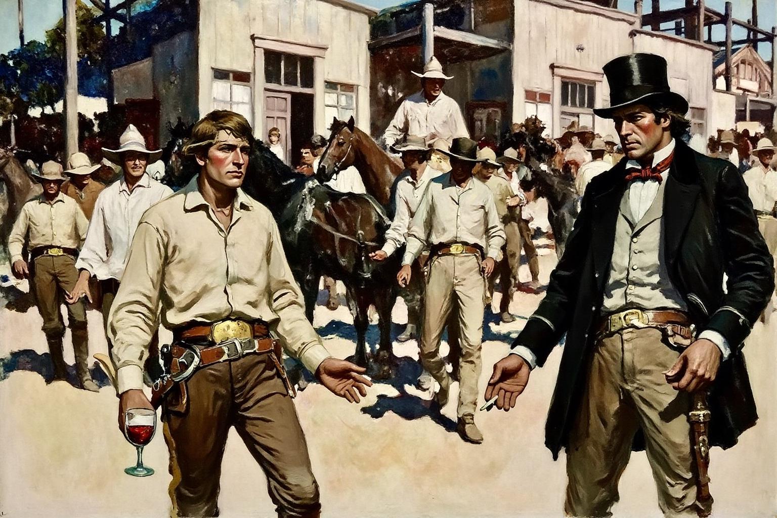 schoonover1 illustration. 
A bustling scene at a Western saloon of a frontier town, likely in the late 19th century. The setting is rich in color and texture, with a mix of warm and cool tones. In the foreground are two men. The man on the left is carrying a belt with a revolver and is holding a wine glass. The man on the right is waring a dark coat and a black top hat, while holding a cigarette in his hand. <lora:schoonover1_cap_d6a3e11:1.0><lora:831470179473997773:0>