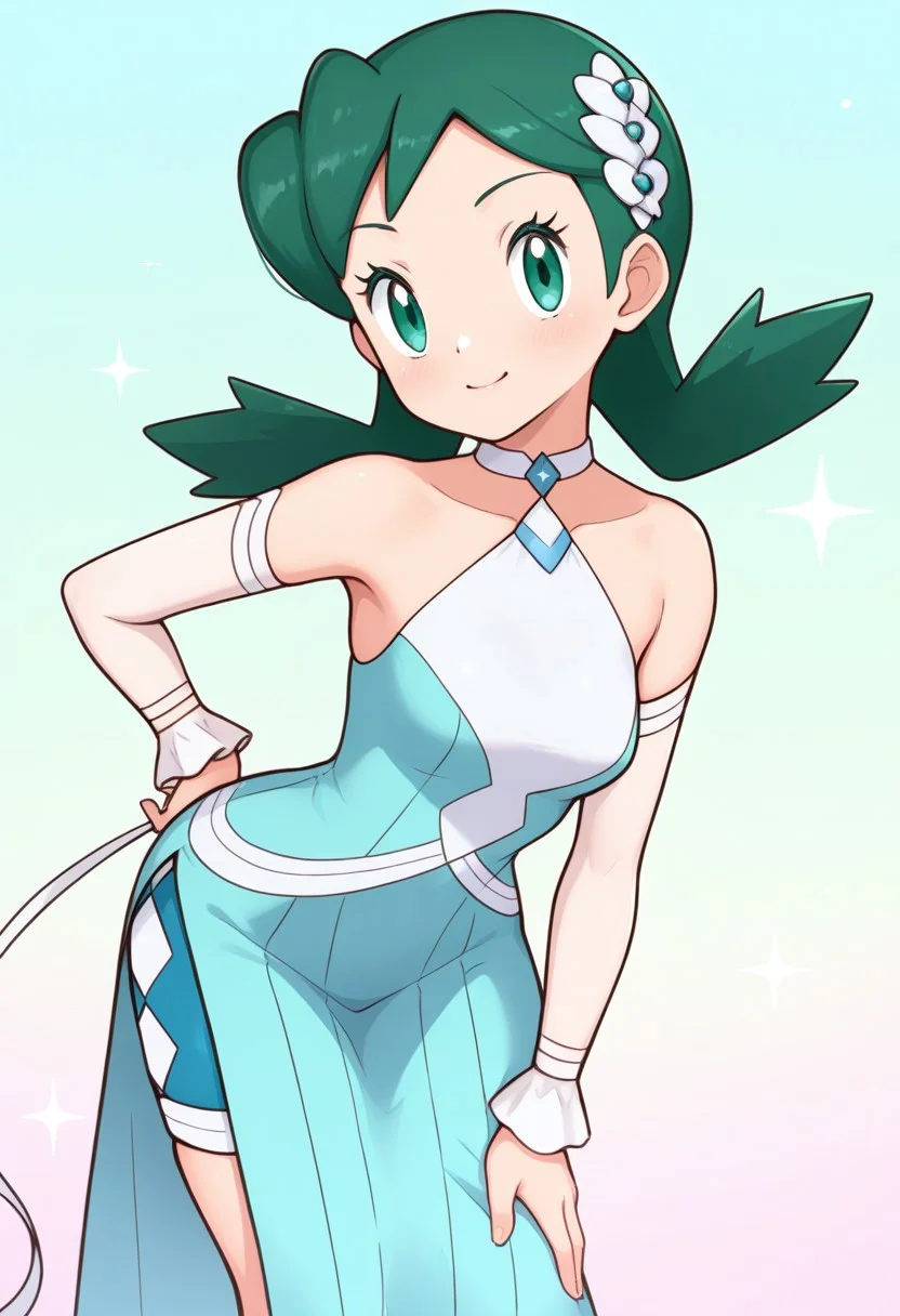 2d, masterpiece, best quality, amazing quality, 1girl, solo, close-up, standing, smile, leaning_forward, looking at viewer, multicolored background, sparkle, gradient background, colorful background, green background, blue background,
sygkris, kris \(pokemon\), green eyes, green hair, medium hair, hair ornament, halter dress, bare shoulders, choker, aqua dress, side slit, detached sleeves, wrist cuffs, aqua shorts, shorts under dress, long dress