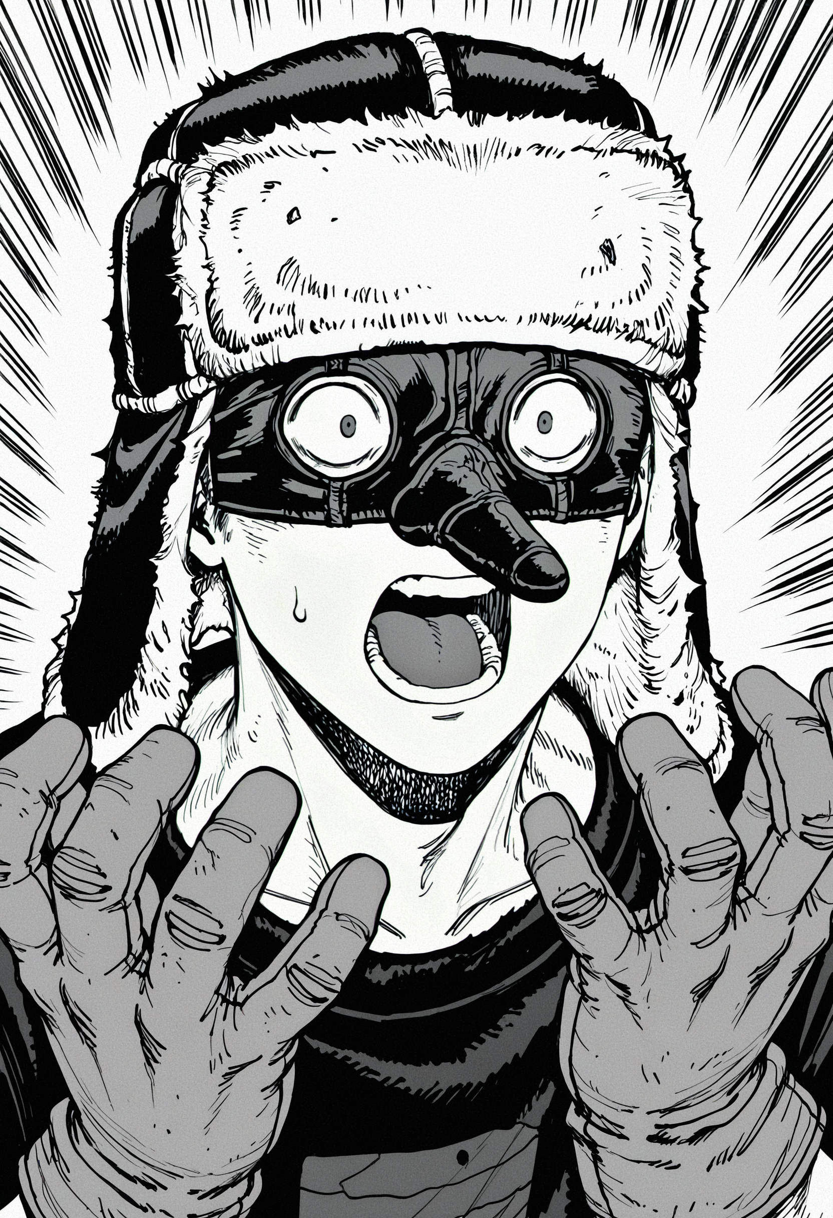 masterpiece, best quality, newest, absurdres, highres, very awa, 1boy, male focus, fujita \(dorohedoro\), official art, ushanka, tengu mask, eye mask, monochrome, greyscale, solo, open mouth, hat, emphasis lines, wide-eyed, shouting, fur hat, sweat, screaming, sweatdrop, gloves, portrait, surprised, constricted pupils, teeth