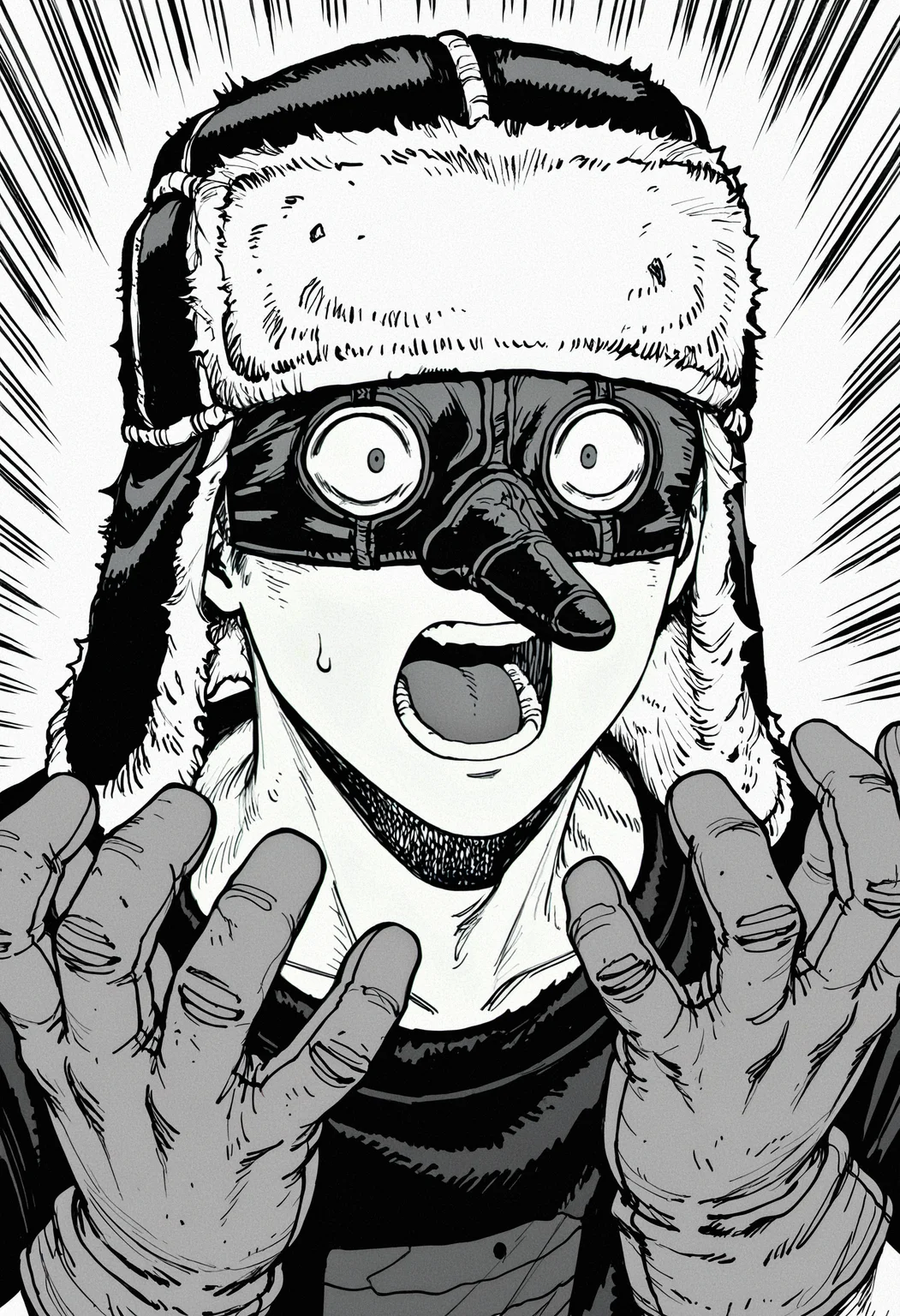 masterpiece, best quality, newest, absurdres, highres, very awa, 1boy, male focus, fujita \(dorohedoro\), official art, ushanka, tengu mask, eye mask, monochrome, greyscale, solo, open mouth, hat, emphasis lines, wide-eyed, shouting, fur hat, sweat, screaming, sweatdrop, gloves, portrait, surprised, constricted pupils, teeth