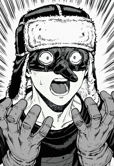 masterpiece, best quality, newest, absurdres, highres, very awa, 1boy, male focus, fujita \(dorohedoro\), official art, ushanka, tengu mask, eye mask, monochrome, greyscale, solo, open mouth, hat, emphasis lines, wide-eyed, shouting, fur hat, sweat, screaming, sweatdrop, gloves, portrait, surprised, constricted pupils, teeth